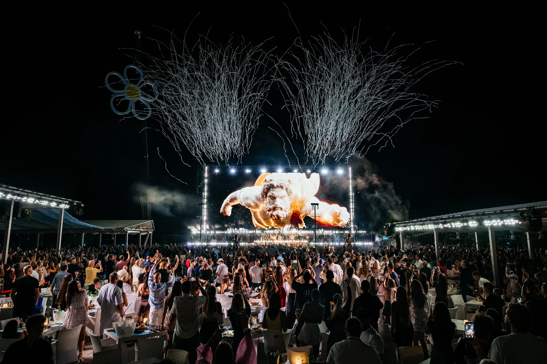 Awakening of Eras — sculpture on the LED wall with fireworks