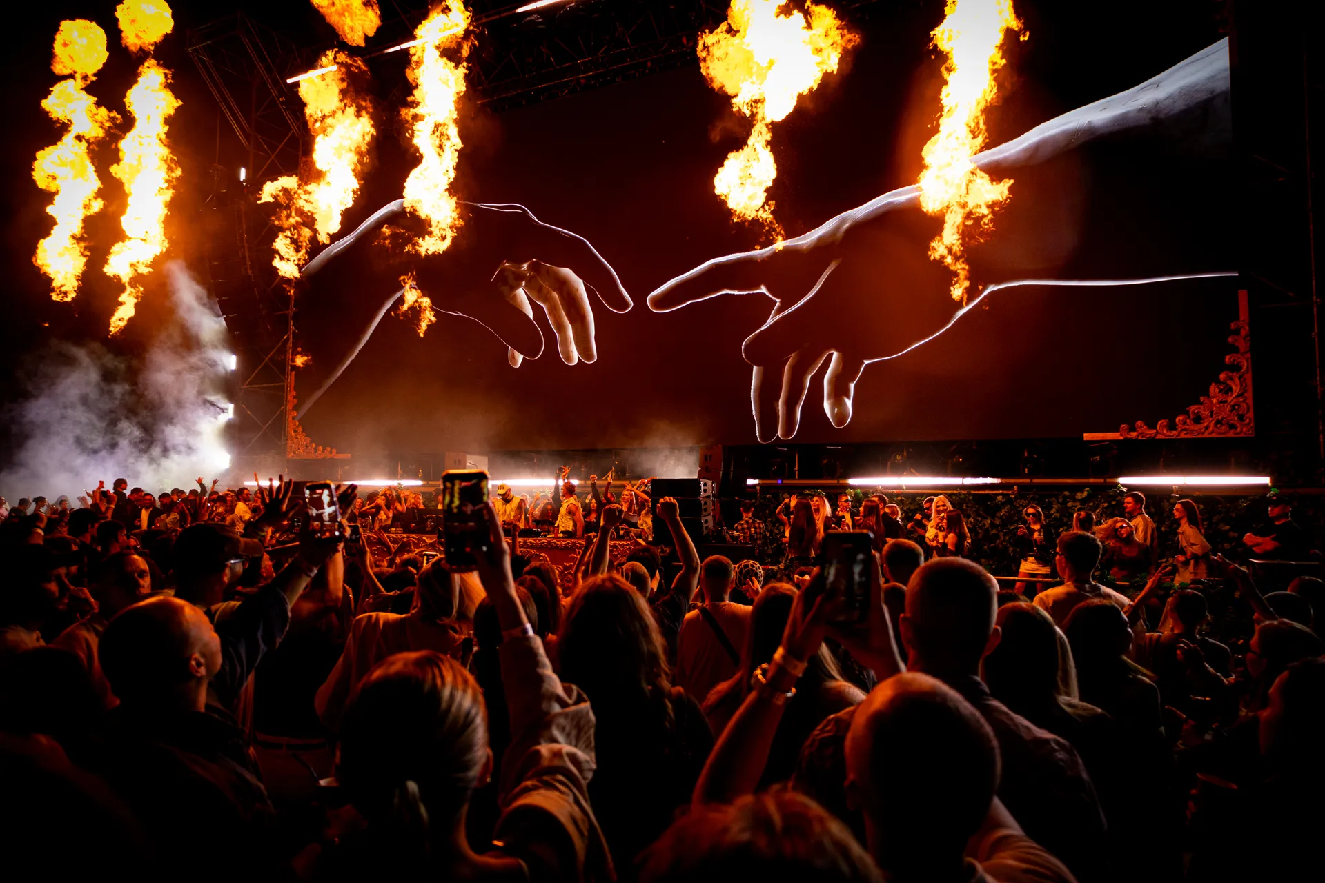 Awakening of Eras — Creation of Adam visual with flame jets